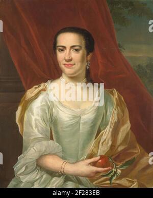 Margaretha Leuveling (1738-83), épouse de Jutus Tjeenk.Portrait de Margaretha Leuveling, épouse de Jutus Tjeenk. La moitié, assis avec une pomme dans la main droite. Pendentif de SK-A-1473. Banque D'Images