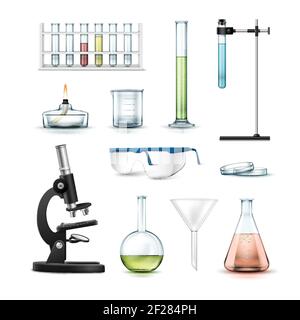 Jeu vectoriel de tubes à essai pour équipements de laboratoire chimique, flacons avec liquide coloré, bécher, verres, boîte de Petri, brûleur à alcool, microscope optique an Illustration de Vecteur