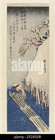 Hiver, neige sur la rivière Sumida; Fuyu Sumidagawa No Yuki; lieux célèbres à Edo dans les quatre saisons; paysage de Shiki Edo Meisho.Snow; homme en radeau dans la rivière pendant la neige; au-dessus d'un poème. Banque D'Images