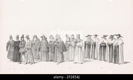 Mascarade par des étudiants de Leiden Hogeschool, 1840 (planche 13); de Intogt van Hertog Jan van Beijeren à l'intérieur de Leijden, le 18 août 1420, à Masquerade suggéré par H.H. Etudiants du Leydsche Hoogeschool, le 8 février 1840. Procession historique costumée des étudiants de l'Université des sciences appliquées le 8 février 1840. Le cortège dépeint l'arrivée du duc Jan van Bavaria le 18 août 1420. Treizième plaque dans une série de plaques non numérotées de Nineteen, numérotées 83-89 avec les groupes. Banque D'Images