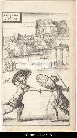 Twee vechtende mannen in wapenrouting; Titelpagina voor: Calprenède, la. Cleopatre 3de deel (...), 1667.en face deux hommes, soldats ou gladiateurs combattent. L'homme de gauche met l'homme de droite à son côté. Quelques personnes regardent. Dans la distance une ville, Rome (?) Y compris une église et un amphithéâtre partiellement expiré. Banque D'Images