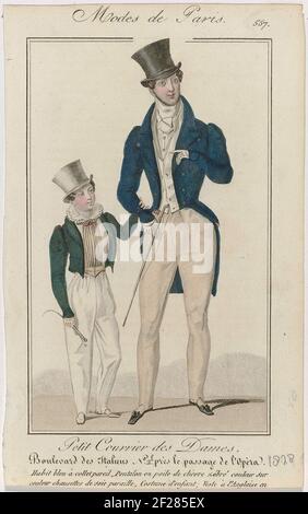 Petit courrier des Dames, 1828, n° 557 : habit bleu à collet pareil (...).Man : 'habit' bleu avec revers. Gilet. Spanbroek de chèvre. Chaussettes en soie, de la même couleur que le pantalon. Mouchoir noué. Accessoires: Chapeau de dessus, bâton de marche, chaussures plates avec noeuds et nez carrés. Vêtements pour enfants : 'Veste à l'anglaise' ou veste de Laeken, Off avec Tressen. Gilet ou gilet Garec, avec un smocké (?) Fermé à l'avant. Spanbroek. Accessoires: Chapeau, gants, fouet, chaussures avec traces. Imprimé du magazine de mode petit Courier des Ladies (1821-1868). Banque D'Images