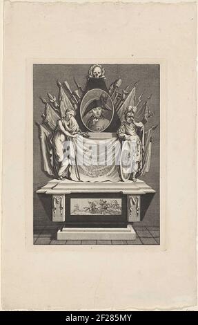 Allegorisch grafmonument voor Frederik, prins van Oranje-Nassau, 1799.allégorical tombe monument pour Frederik, est mort à Padoue le 6 janvier 1799. Portrait de Frederik dans un ovale. Autour d'elle autour d'un certain nombre d'objets allégoriques et d'une justice en deuil et de marche. Sur le soulagement une présentation d'une bataille. Huit lignes de texte néerlandais sur un canevas. Banque D'Images