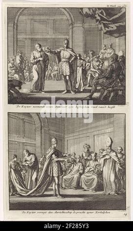 Deux performances sur une plaque. Ci-dessus: La cour de l'empereur allemand. L'empereur représente un canon et prend son chapeau richement décoré. Ci-dessous: L'empereur allemand représente un archevêque avec un chapeau richement décoré dans ses mains. Il y pointe et fait face aux présents avec la richesse et la richesse de l'église. Banque D'Images