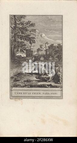 Honde à Ezel, l'âne et le chien. Fable Clix.a chien Bites dans Donkey dans le cou. En arrière-plan UNE rivière et un village. Illustration de Fabel Clix, de l'âne et du chien. Banque D'Images