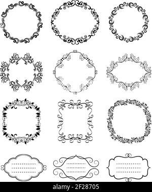 Cadres et bordures ornementaux noirs arrondis à motif floral vintage pour Décorations pour cartes Illustration de Vecteur