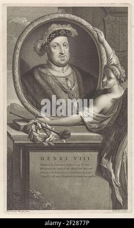 Portrait d'Hendrik VIII, roi d'Angleterre et d'Irlande, qui est tenu par la célébrité; comme un ange debout avec d'autres elle sur la base bazuin et couronne de Laurier. Imprimé à partir d'une série de sept portraits de personnages historiques. Banque D'Images