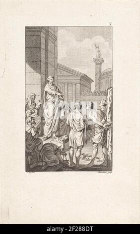 Lucius Junius Brutus sprekt het vonnis tegen zijn zonen uit.Titus et Tiberius, les fils du consul romain Lucius Junius Brutus, ont participé à une conspiration pour aider la monarchie à revenir au pouvoir. Mais leurs plans ont été effacés et ils ont été emprisonnés. Ils sont condamnés à mort par leur père. Banque D'Images