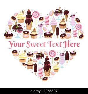 J'aime Sweets coeur en forme de conception de vecteur avec l'espace de copie pour texte formé d'icônes colorées de crème glacée émaillée et gâteaux glacés pâtisseries bonbons et des Illustration de Vecteur
