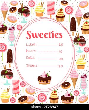 Menu de bonbons ou modèle de liste de prix dans un cadre ovale entouré d'icônes colorées de crème glacée et glacée gâteaux pâtisseries friandises milk-shakes Illustration de Vecteur