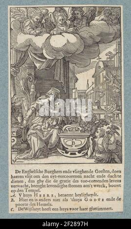 Heilige famille en Egypte.en premier plan Marie et le Christ enfant dans une salle intérieure, à côté d'un berceau. Engelen aide Maria avec la maison. En arrière-plan, le bois de Jozef a travaillé sur un établi et engage le matériel pour la construction d'une église. Dans les nuages anges lisant des livres. L'impression fait partie d'un album. Banque D'Images