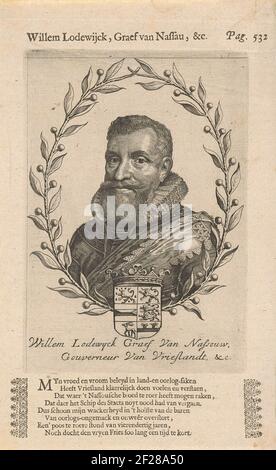 Portret van Willem Lodewijk, graaf van Nassau-Dillenburg.Portrait de Willem Lodewijk dans un ovale de branches orange. Au milieu de son arme avec une couronne. Nom et titres dans le sous-marin. Banque D'Images