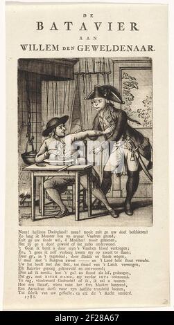 Caricature à Willem V qui veut prendre une nourriture de fermier de gardien de but, 1786; le Batavier à Willem den Joamer.Cartoon à Stadholder Willem V après les événements autour de Hattem et d'Elburg, début septembre 1786. Le prince veut prendre le conseil avec de la nourriture et du pain d'UN Gelderse Boer, qui proteste vivement. Sur la feuille sous l'assiette UN frais ou seize règles: NON! Heiloss pour Dwingland! NON ! Banque D'Images