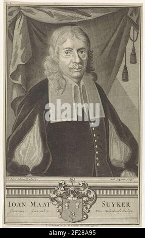 Portrait du Gouverneur général Johannes Maetsuyker, moitiés. Il représente un rideau. Il y a des armoiries et un nom et une fonction en néerlandais sur la plinthe. Banque D'Images