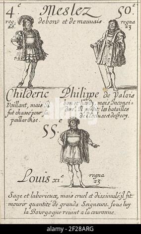 Childerik I, Philip VI et Louis XI; Childeric / Philippe de Valois / Louis XI; jeu de cartes avec les dirigeants de France; cartes des rois de france.playing carte avec les performances des Rois Childerik I, Philip VI et Louis Xi. Texte parmi les performances. Banque D'Images