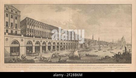 Adelphi vanaf de Thames te Londen; vue sur la face sud des nouveaux bâtiments appelés Adelphi, anciennement Durham Yard (...).vue sur le quartier de la ville Adelphi et les bâtiments Adelphi de la Tamise à Londres. En arrière-plan la cathédrale Saint-Paul. Titre et légende en Undermarge en anglais. Banque D'Images
