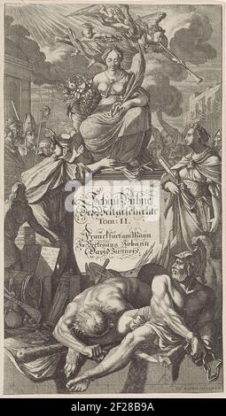 L'abondance de la personnification, couronnée par un ange avec une couronne de Laurier, est sur un chenal. Elle a la cornucopia entre ses mains. Le piédestal porte le titre allemand du livre. Au-dessus de l'abondance vole la renommée, soufflant sur une trompette. Autour de ses différents personnages historiques et des personnages, y compris la science (à droite). Pris et tombé sous le Piesticker. Banque D'Images