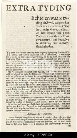 Patriots nouvelles du 7 septembre au sujet du bombardement de Hattem par les troupes stadholder le 5 septembre 1786. Feuille imprimée des deux côtés. Banque D'Images