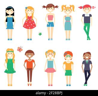 Ensemble de caractères souriant de filles drôles avec des filles d'école dans des robes shorts et pantalons à tête rouge blond et brunette avec divers styles de cheveux isolé sur whi Illustration de Vecteur