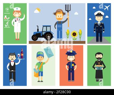 Ensemble de personnages professionnels hommes et femmes avec vecteur coloré icônes d'un médecin ou d'une infirmière agriculteur avec un tracteur et le serveur pilote de tournesol ou w Illustration de Vecteur