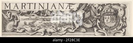 Beleg van Saint Martin op het Île de Ré, juillet-novembre 1627 (randwerk, deel rechtsboven); secours envoyee a la Citadelle.seizième partie (carte centrale, partie en haut à droite) d'un imprimé du siège de la Citadelle Saint Martin sur l'Île de Ré en 1627, Dirigé par des troupes anglaises dirigées par le duc de Buckingham et terminé par des troupes françaises dirigées par le cardinal Richelieu. Sur cette feuille droite les armoiries de Louis XIII et du milieu / Liens un spectacle (entouré par des attributs militaires) des bateaux français qui tentent d'atteindre le Saint Martin assiégé sur l'Île de Ré. À gauche et au milieu de la lette Banque D'Images