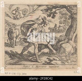 Apollon tue Argus; Argus a Mercurio Iugulatur; Metamorphoséon Sive Transformationum; Metamorphoses d'Ovidius.Mercurus coupe la tête de l'argus endormi avec son épée. Juno est assis avec un paon sur les nuages. Dans le paysage il y a un boeuf et un troupeau de chèvres et de moutons. Titre en latin dans undermarge. Banque D'Images