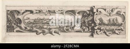 Siège de la Rochelle, du 1627 septembre au 1628 octobre (bord, partie en bas à droite); profil de la Rochelle et de la Digue / machine du Plessis et vassal. Partie soustractive (bord, partie en bas à droite) d'un imprimé du siège du Huguenot Bolwerk la Rochelle dans les années 1627 et 1628, qui a été commandé par le roi français par l'armée française sous la direction du cardinal Richelieu. Sur cette lame à droite une représentation d'une structure en bois dans la mer et milieu / Liens un spectacle (entouré par des attributs militaires) de la digue que Richelieu avait construite avant l'entrée de Banque D'Images