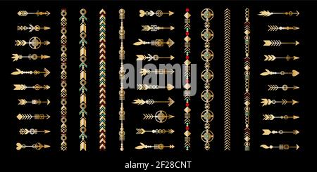Ensemble de flèches dorées. Collection d'éléments tribaux. Collection de bijoux tendance et géométrique. Éléments de conception vectoriels. Illustration de Vecteur