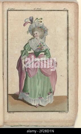 Nouveau magasin de modes d'information français et anglais, 20 décembre 1786, 2e année, 4e carnet, PL. 1.Femme anglaise à Hofjapon. Corsage de satin vert et « ANTE » DE satin rose. Chapeau décoré de fleurs et de plumes. Fichu et bodyce de fleurs. Portée en main. L'impression fait partie du 4e bloc-notes des nouveaux modes français et anglais. La série se compose de 172 Fashion Prints, publié par Buisson, Paris, 20 novembre 1786 - 21 décembre 1789. Banque D'Images