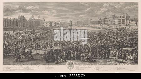 Koning Lodewijk XIV van Frankrijk rijdt met zijn gevolg sur de Pont-neuf; Marche du Roy accompagné de ses gardes passant sur le pont neuf et alluant au Palais (...).Louis XIV, roi de France, est dans une charriot entouré de son fouet et de sa cour. La calèche traverse Pont-neuf à Paris avec la statue équestre d'Hendrik IV, roi de France et de Navarre en arrière-plan. Au bas de la marge une légende en français et en latin. Au milieu des armoiries de Louis XIV Banque D'Images