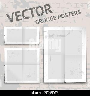 Ensemble de trois affiches de grunge vectoriel différentes avec des bords en lambeaux déchire les taches et les plis ou les plis épais avec du blanc bordures et espace de copie gris f Illustration de Vecteur