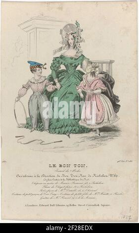 Le bon ton, Journal des modes, 1837, 93f Liv. 186 : Chapeau en moir (...).UNE femme avec un garçon et une fille dans un parc, le garçon a un cerceau en main. Il y a une corde à sauter au premier plan. Selon la légende : chapeau de 'Moire' de Maurice-Beauvais. Fleurs de Chagot Frères. Camomelle a joué dans le chemin de Camille. Garçon dans des vêtements pour enfants de CIOR Cury. Fille dans les vêtements pour enfants. Bas SLOB de Roussel. Imprimé du magazine le bon ton (1834-1884). Banque D'Images