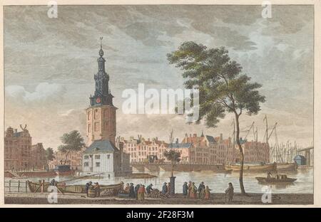 Montelbaanstoren te Amsterdam, Californie 1790; de Mont-Albaans Toren te Amsterdam / Tour du Mont Alban à Amsterdam.vue du Montelbaanstoren aux Oudeschans à Amsterdam, en premier plan le marché de la chaux, ca. 1790. Partie d'une tôle d'environ 1824-1825 avec 74 plaques (non numérotées) des faces topographiques les plus importantes et diverses mœurs et coutumes au Royaume-Uni der Nederlanden. Banque D'Images