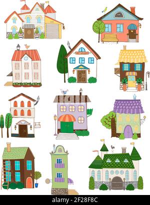 Collection Cute Houses sur fond blanc Illustration de Vecteur