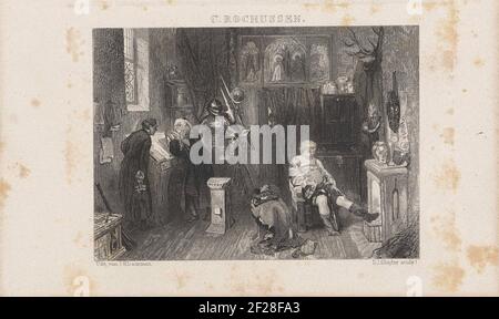 Kunstenaarskamer.UN homme avec des lunettes se tient sur un lecteur devant une fenêtre. Il regarde ensemble avec l'homme à côté de lui, tenant une grande clé, une chaîne. Un jeune homme en costume - peut-être - pittoresque est dans une chaise avec une cheminée et chauffe ses pieds. Une femme entre dans la pièce par un passage pour lequel un rideau est suspendu. La salle est pleine de curiosités: Un harnais, toutes sortes de pots et sur le mur suspendu, entre autres choses, des feuilles de papier avec des images, un bouclier avec une corne de poudre, un triptyque avec des représentations religieuses et un anteur. Banque D'Images
