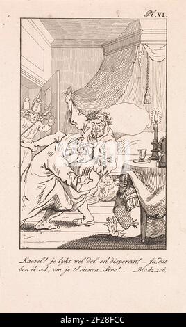 Des hommes dans une chambre à coucher et des soldats; Kaerel! Vous avez l'air et dispera! - Oui, je suis aussi, pour vous servir..sire! (...). Deux messieurs dans une chambre. Sous le lit et sous la table deux hommes obstrués. Les soldats traversent la porte. En haut à droite : pl. VI En bas à droite : Bladz. 206. Banque D'Images