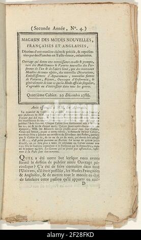 News French and English modes Store, 20 décembre 1786, 2e année, 4e carnet: TITELPAGINA.4E carnet. 20 décembre 1786, (deuxième année, no 4), p. 26-32. En 3 Modeprenten. Cahier ITU Het Fashion Fashion New modes Store, Parijs, 20 novembre 1786 - 21 décembre 1789. Banque D'Images