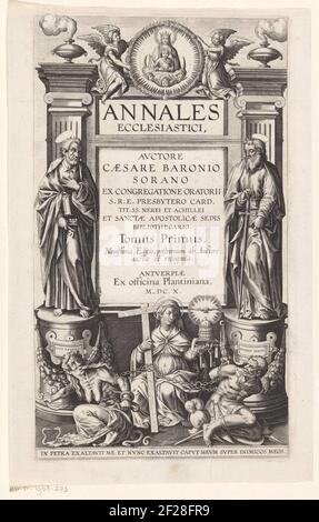 Petrus, Paulus en de Katholieke Kerk; Titelpagina voor: Caesar Baronius, Annales Ecclesiasci, 1610.Petrus avec deux clés et Paul avec une épée se tiennent sur des tourteaux pour pilastres de part et d'autre du titre latin. Pour eux, la personnification de l'église catholique avec une croix, la Tiara papale, une bible et des clés. À côté d'elle assis une femme enchaînée avec des serpents et un soldat enchaîné. Au sommet, deux anges avec un médaillon avec Marie couronnée avec l'enfant Christ s'assirent sur une lune. Banque D'Images