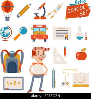 Vintage School Icon Set Graphic Designs isolé sur fond blanc Illustration de Vecteur