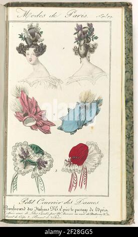 Mesdames des dames, 1830, n° 72/707: Coiffure réalisée par M. R. Brasseur .... Capsule pour femmes et deux coiffes, avant et arrière, numérotées de un à trois. 1. Coiffure décorée de lilas réalisée par M. Narcisse Nouvelle rue des Mathurins N.O 31 2 Barret de Crepe 3. Chapeau en velours. Imprimé du Fashion Magazine Small Dames Courier (1821-1868). Bound (avec quelques pp. Journal et modes de Laden). Du 15 janvier 1827 au 20 mars 1830. Incomplet. Banque D'Images