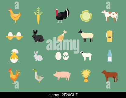Ensemble coloré d'animaux de ferme vectoriels et de produits avec la poule et oeuf carotte dinde chou laiterie et boeuf vaches lapin le lait de mouton peut canard porc ha Illustration de Vecteur