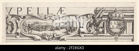 Siège de la Rochelle, du 1627 septembre au 1628 octobre (Randwerk, Share en haut à droite) ; Entrée du Roy a la Rochelle.Sestyle partie (bord, partie en haut à droite) d'un imprimé du siège du Huguenot Bolwerk la Rochelle dans les années 1627 et 1628, qui a été dirigé par le roi français par l'armée française sous la direction du cardinal Richelieu. Sur cette feuille droite l'arme de Louis XIII et milieu / Liens un spectacle (entouré par des attributs militaires) de l'apparence du roi dans la ville conquise. En haut à gauche, les lettres « udelae » font partie de l'inscription de l'imprimé. Banque D'Images