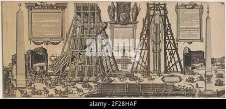Het oprichten van de obelisk op het St. Pietersplein.Left part: Sur la gauche, l'obélisque du Vatican qui est debout, récompensé d'un globe de cuivre. Sur la droite, les hommes et les chevaux qui ont mis l'obélisque du Vatican sur son nouvel endroit où séjourner, la place Saint-Pierre, debout à l'aide d'une stellation en bois. En haut à droite, un cadre décoratif avec texte. Partie médiane: Des hommes et des chevaux sont engagés dans la mise en place de l'Obélisque du Vatican (en 1586) sur Sint-Pietersplein, en utilisant un grand stellage en bois. En haut à droite, un cadre décoratif avec texte, les armoiries du Pape Sixtus V et les préfortifications. En bas à droite les hommes qui transportent Banque D'Images
