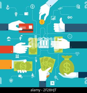 Organigramme financier de l'infographie vectorielle colorée pour les transferts d'argent et les transactions de la main à la main comme il circule dans l'économie et les banques Illustration de Vecteur