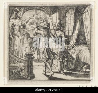 Illustatie voor de Decamerone van Boccaccio.Illustration pour le Boccaccio decamerone, Histoire LXVI. Le mari d'une femme envoie Lambertus, l'un de ses deux amoureux, la porte. LionNet, son autre amant, se cache sous le lit. Banque D'Images