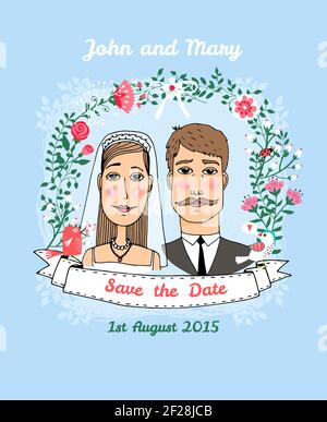 Enregistrez le modèle d'invitation de mariage à vecteur de date avec une mariée couple sous un arqué de fleurs d'été et un Ruban avec le texte - Enregistrer Illustration de Vecteur