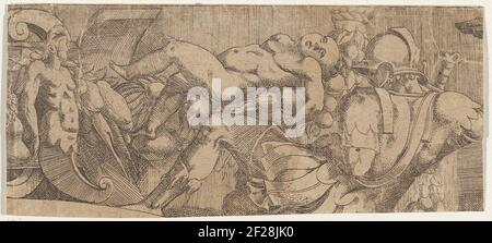 Fragment de Jupiter envoie les trois déesses dans le jugement de Paris; partie d'un cadre avec un soldat couché, vu sur le dos, et un puto allongé sur une guirlande .. Banque D'Images