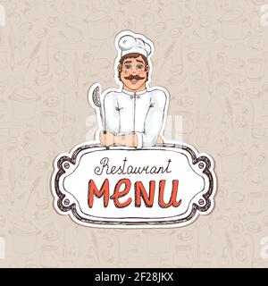 Illustration du dessin du menu du restaurant du Chef tenant Spoon pour la couverture Ou Publicité Illustration de Vecteur