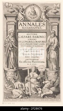 Petrus, Paulus en de Katholieke Kerk; Titelpagina voor: Caesar Baronius, Annales Ecclesiasci, 1603.Petrus avec deux clés et Paul avec une épée se tiennent sur des tourteaux pour pilastres de part et d'autre du titre latin. Pour eux, la personnification de l'église catholique avec une croix, la Tiara papale, une bible et des clés. À côté d'elle assis une femme enchaînée avec des serpents et un soldat enchaîné. Au sommet, deux anges avec un médaillon avec Marie couronnée avec l'enfant Christ s'assirent sur une lune. Banque D'Images