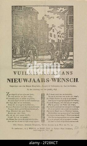 Nieuwjaarswens van de vuilnismannen van Amsterdam voor het jaar 1838; Vuilnis-karmans nieuwjaars-wensch.le nouvel an des collectes de déchets d'Amsterdam pour l'année 1838. Vue dans une rue d'Amsterdam où un homme crée la saleté de la rue et un autre homme court avec le rochet. Deux autres hommes reçoivent de l'argent dans une maison. Avec poème en deux colonnes. Des armures dans le QUARTIER NO 19: Johannes Bongaards. Banque D'Images